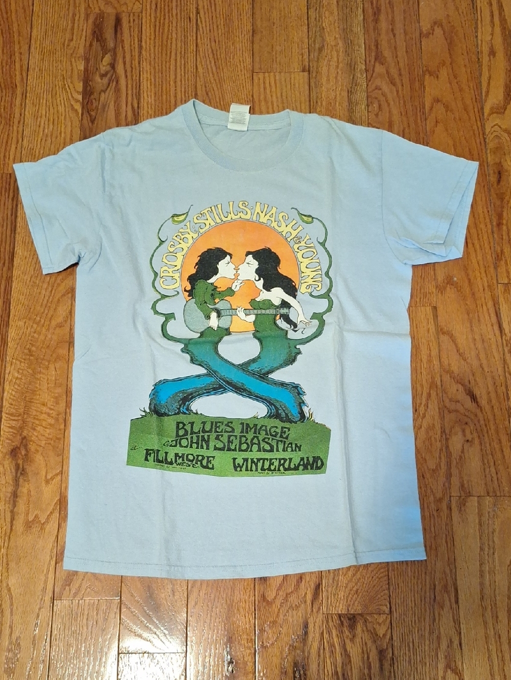 Light Blue Graphic Short Sleeve Tee with Retro Band Print